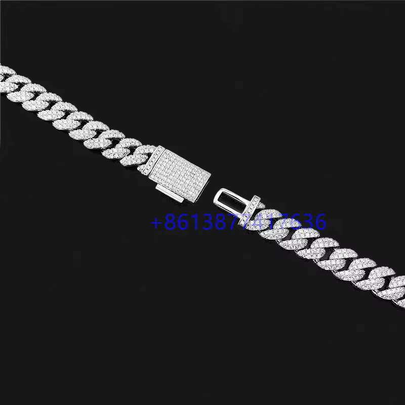 Zuanfa Hip Hop Bling 2 Rows 12mm 24 Moissanite Diamond Iced Out Cuban Chain Necklace Cuban Link Chain