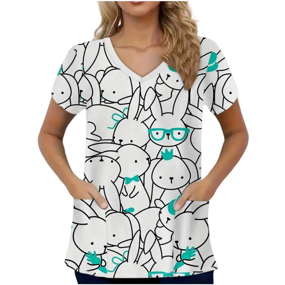 Clinical Uniform Womens Easter Rabbit Print Fashion V-neck Dental Medical Comfortable Short Sleeve Patch Pocket Nurse Uniform Womens X250410