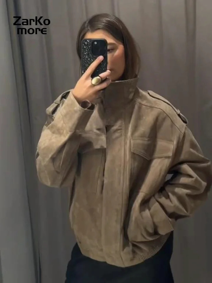 Fashion Loose Khaki Suede Jacket Women Lapel Zipper Long Sleeve Pockets Coat Female Spring Autumn Vintage High Street Tops 251106