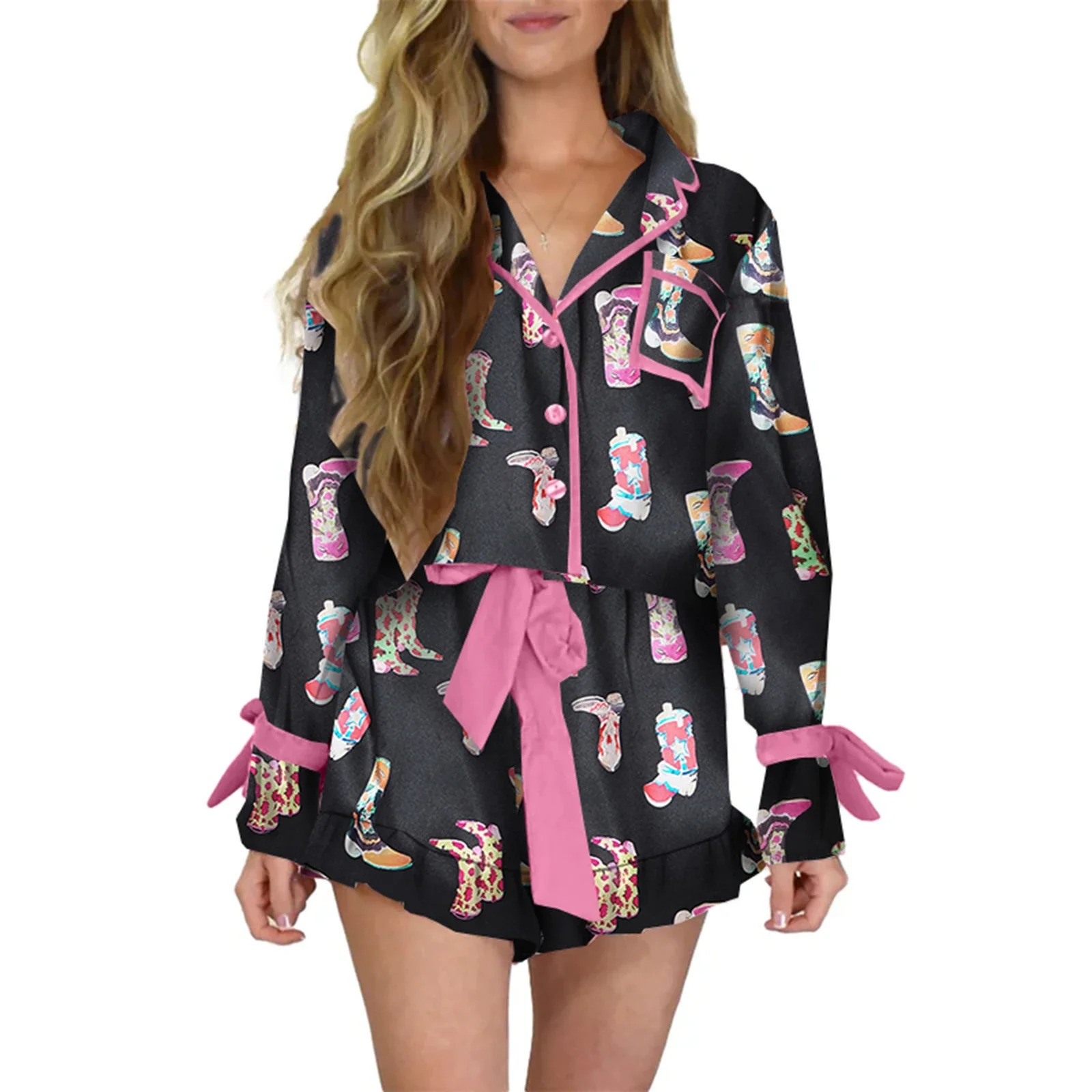 Christmas Pajamas for Women Bow Santa Claus Print Long Sleeve Shirts Ruffle Shorts Lounge Set Xmas 2 Piece Sleepwear 251106