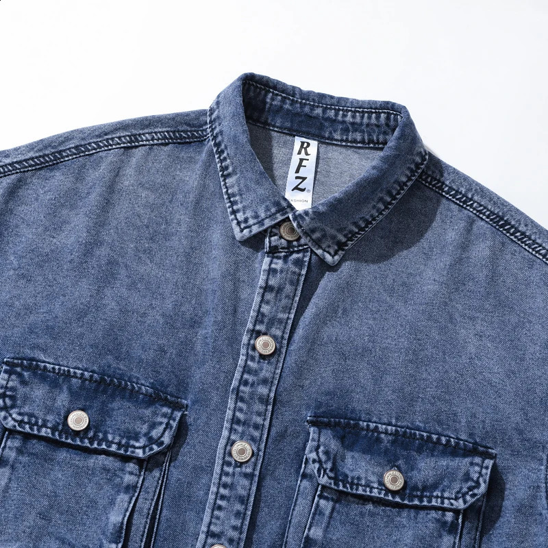 Retro Distressed Long Sleeve Denim Jacket Mens Casual Oversized Work Clothes with Patched Pockets 250411e