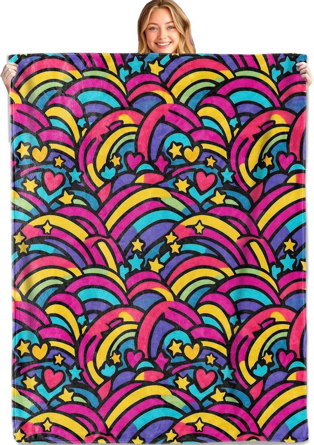 Blanket Colorful Rainbow Retro Throw Blanket Lightweight FlannelStar and Heart Blanket s - Gifts for Kids Boys Girlsfor Couch Office C251111