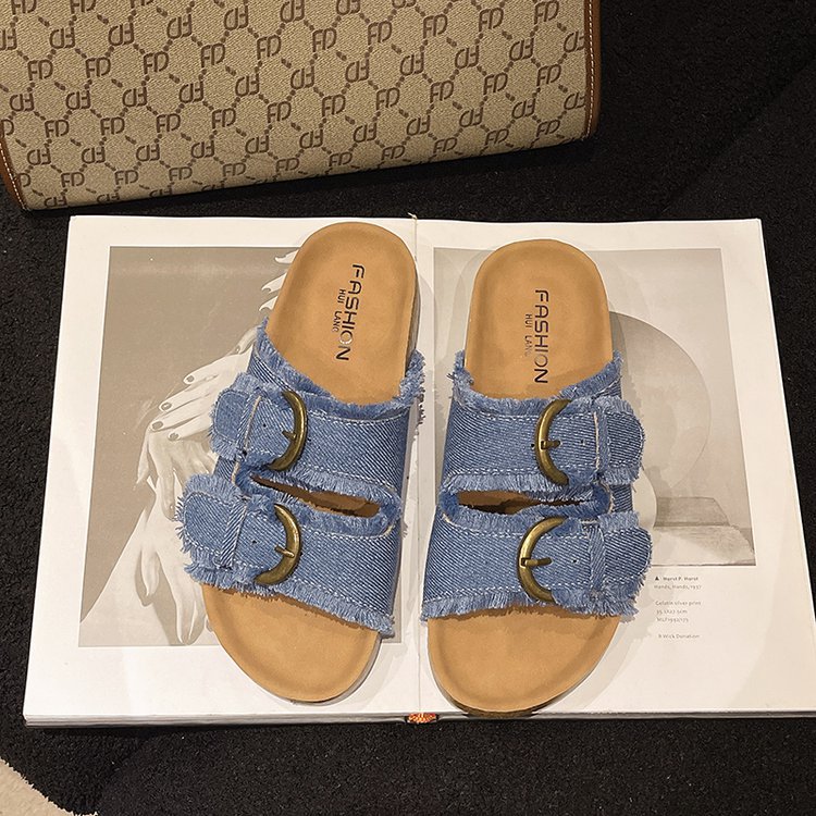 Women's Summer 2025 new high-end denim fashion flip-flops Belt buckle decoration platform flip-flops beach shoes flip-flops