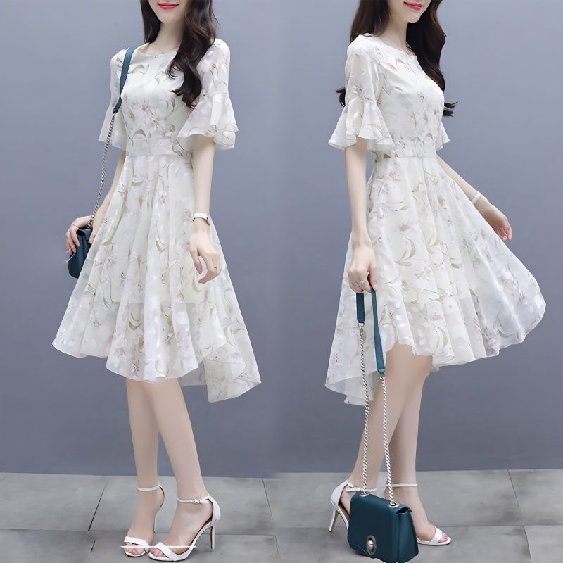 LO3270 Master Women's Summer New Korean Style Waist Slim Temperament Chiffon Women's Floral Dress Women