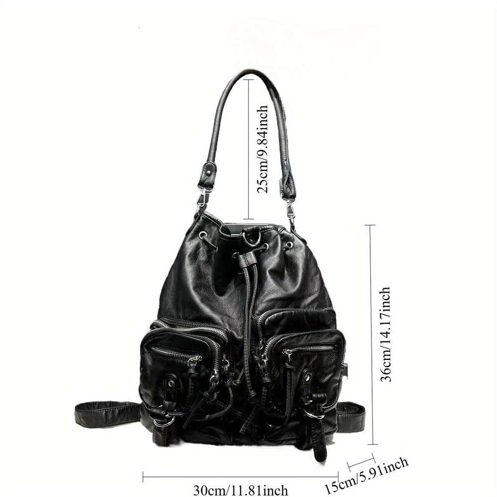 Y K Inspired Black Motorcycle With Multiple Pockets Durable Synthetic Faux Leather Adjustable Strap Perfect For Work Dates Parties Commute