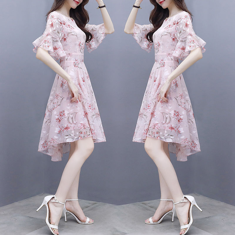 LO3270 Master Women's Summer New Korean Style Waist Slim Temperament Chiffon Women's Floral Dress Women