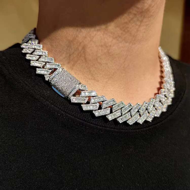 Fashion Customized Chain Gold Plated Sterling Silver Single Row baguette VVS Moissanite Diamond Cuban Chain Link for Hiphop Life