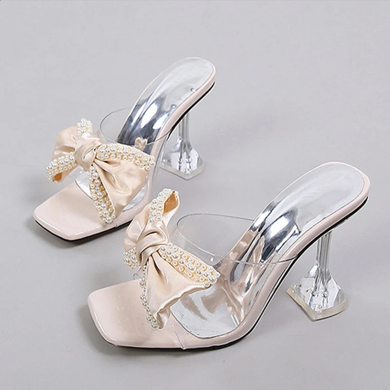 Liyke Pink Womens Sliding Sandals Fashion Pearl Bow High Heels PVC Transparent Shoes Summer Mule Sliding Pump 250408