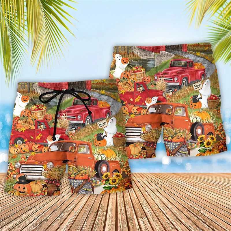 Mens loose beach shorts funny bus 3D printing Hawaiian shorts Harajuku street clothing luggage mens clothing fashionable childrens swimming trunkW2504