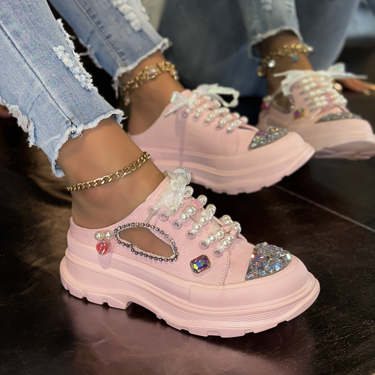 Sparkling Pearl Women's Canvas Shoes Casual Sports Shoes Women's Fashion Luxury Casual Shoes Lace up Sports Slippers Designer Outdoor Beach 