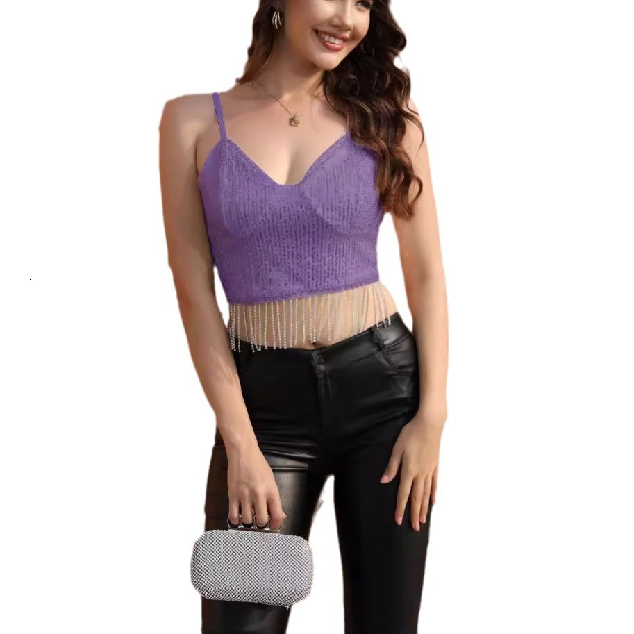 New sequin splicing crystal chain spicy girl vest short style suspender crop top with exposed navel