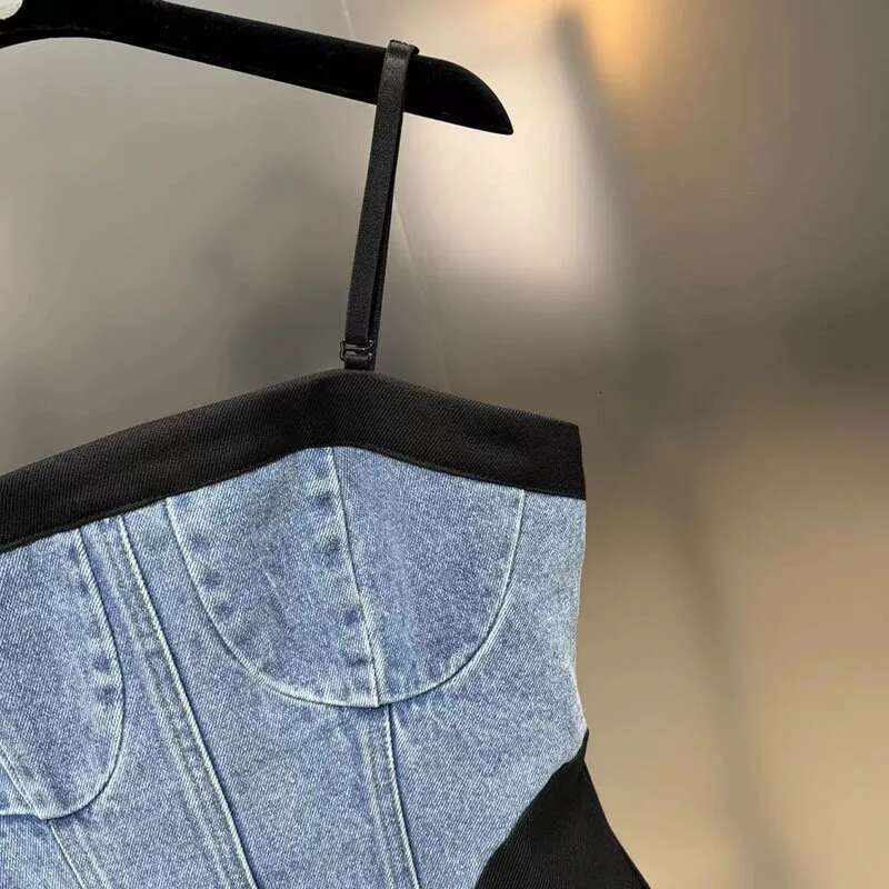 DEAT Shoulder Strap Detachable Denim Splice Dresses For Women 2024 Summer New Fashion Versatile Suspenders Dress Female 11Xx9233