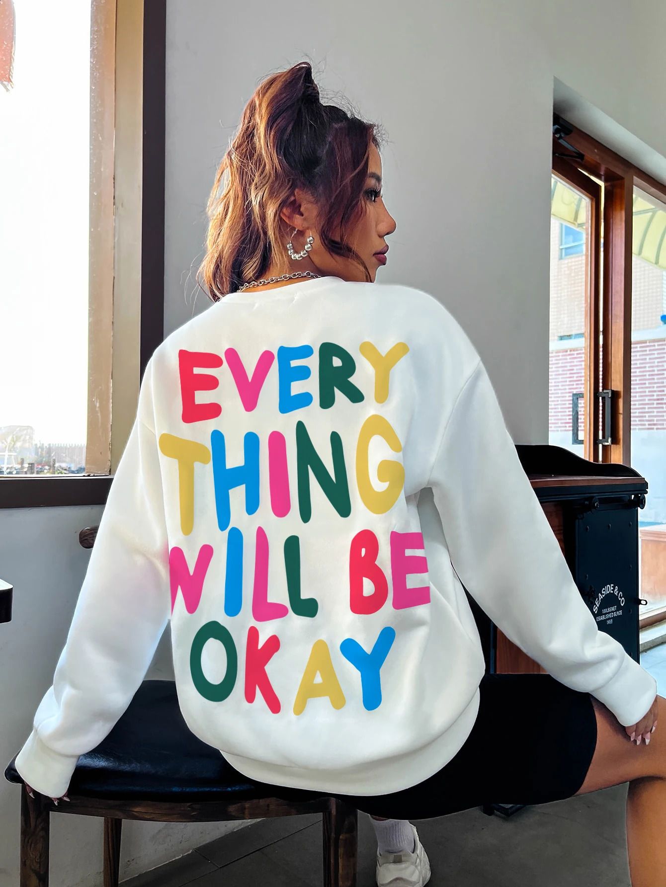 Fashion Womans Sweatshirt Everything Will Be Okay Letter Printed Pullover Loose Warm Crewneck Hoodies Casual Female Clothing 250410