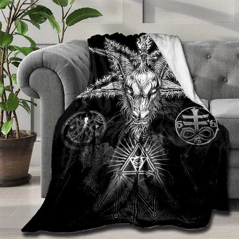Satanic Goat Head Flannel Blanket Soft All-Season Black White Mystical Pattern with Pentagram Flames Gothic Home Decor C251111