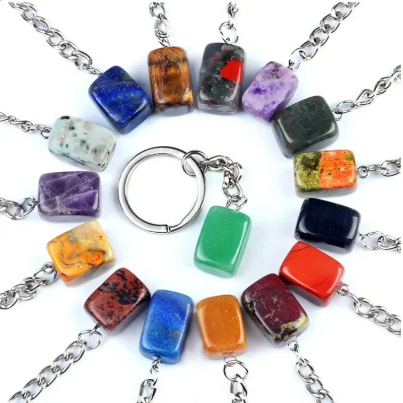10pcs mixed 16mm rectangular cubic natural stone keychain treatment crystal car decoration keychain 250409