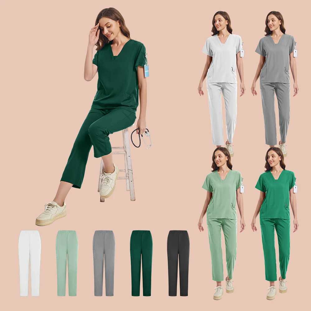 New Stretch Scrub Top Pants With Pocket Clinical Scrubs Set Medical Uniforms Doctor Nurse Surgical Uniform Beauty Sn Workwear X250410