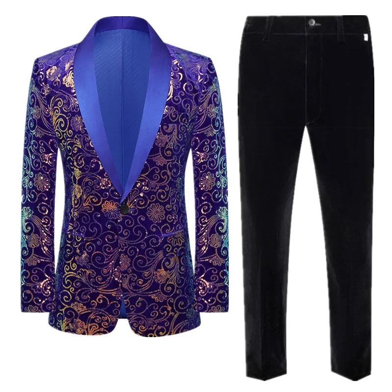 Men High Quality Wedding Banquet Sequin Suit 2 Piece Set Black Blue Fashion Men Gold Velvet Blazer and Trouser 251107