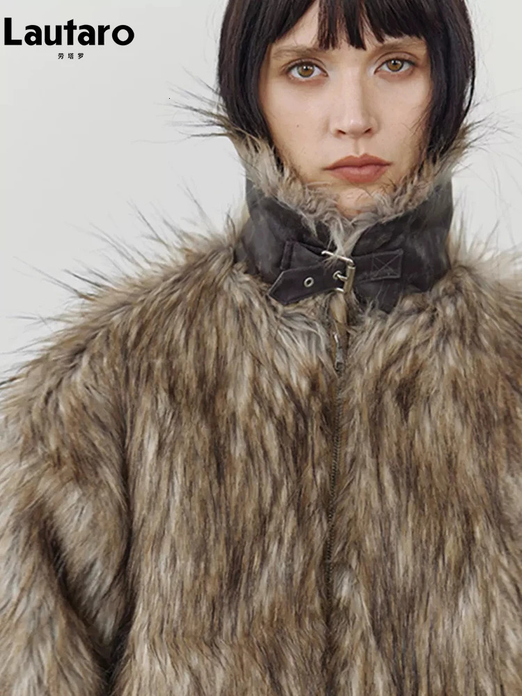 Lautaro Autumn Winter Short Warm Thick Hairy Shaggy Patchwork Faux Raccoon Dog Fur Coat Women Zipper Fluffy Jacket 251105