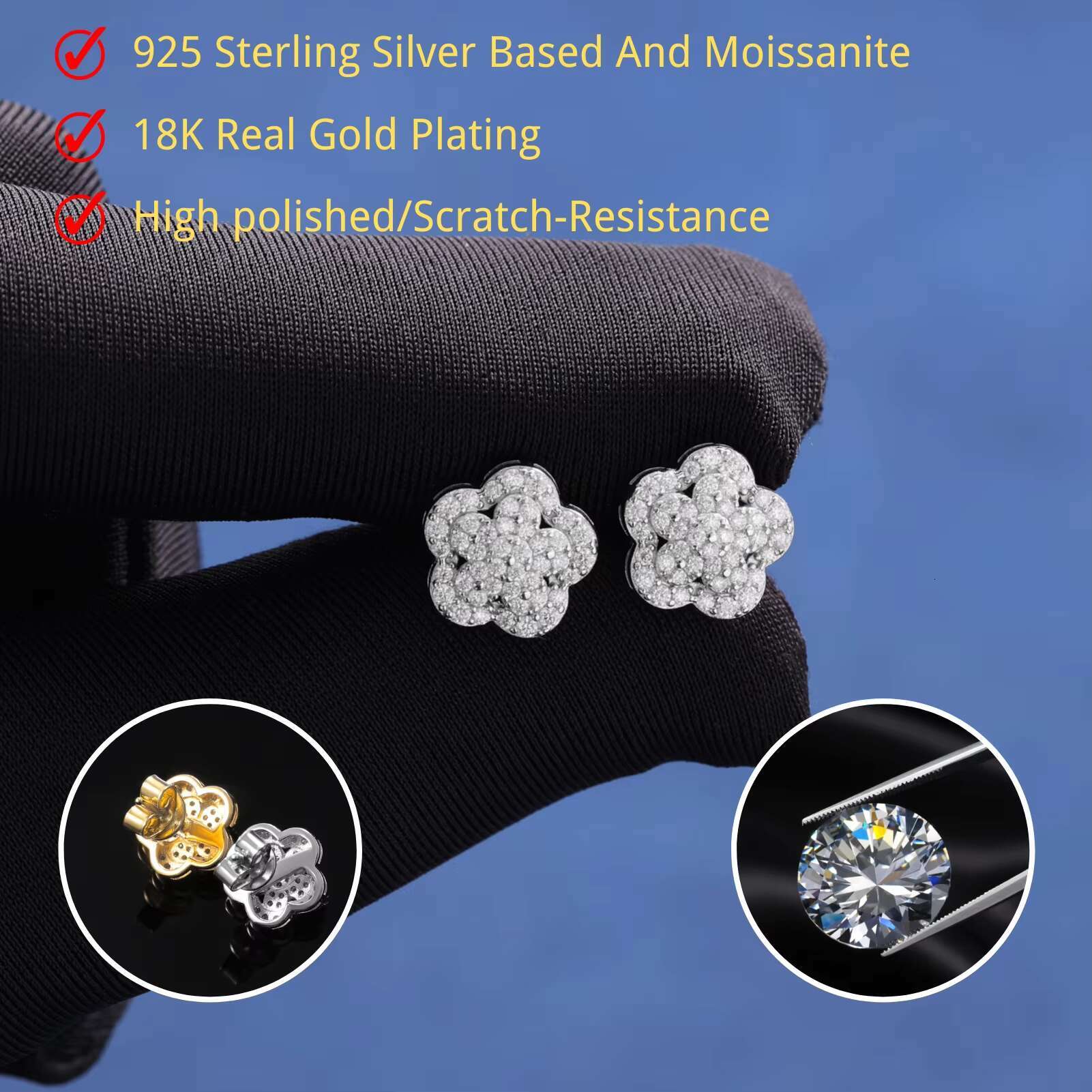 Drop Shipping Factory Price VVS Moissanite Diamond 3 Layer Ice Out Earrings 925 Silver FlowerStud Earrings for Man Woman