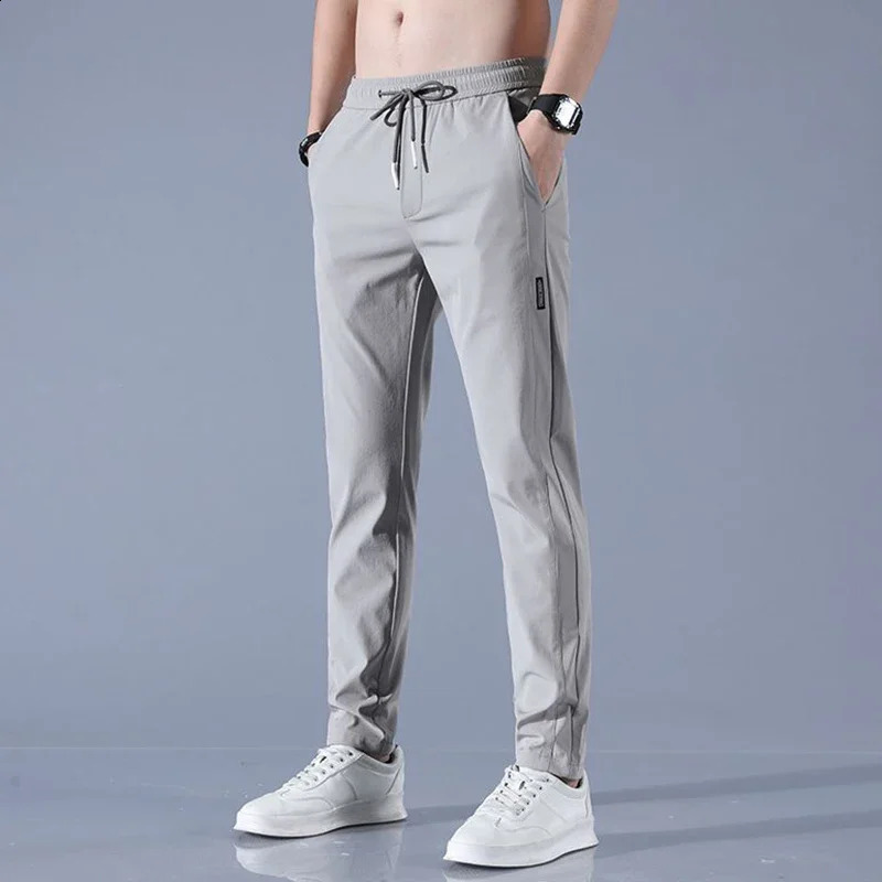 Summer Mens Pants Black Grey Ice Silk Thin Business Casual Outdoor Elastic Breathable Straight Leg Sports 250411Z