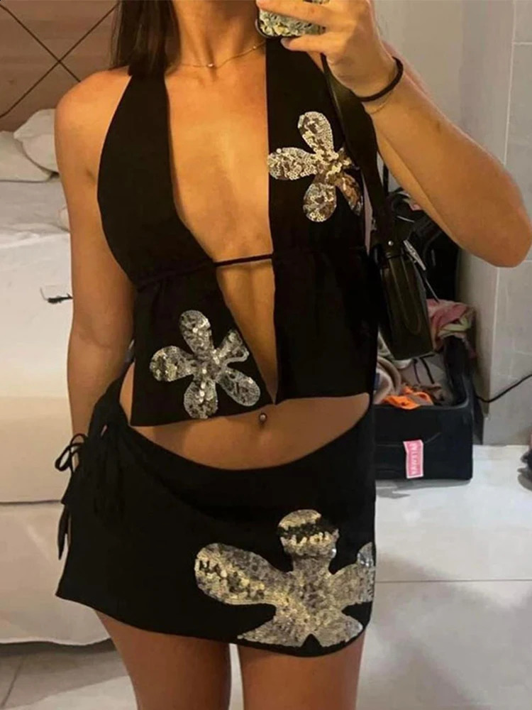 Sexy Sequin Backless Vest Mini Skirt Set Women Retro Deep V-neck Halter Vests Lace Up A-lined Skirts Sets Female Chic Outfits 250410