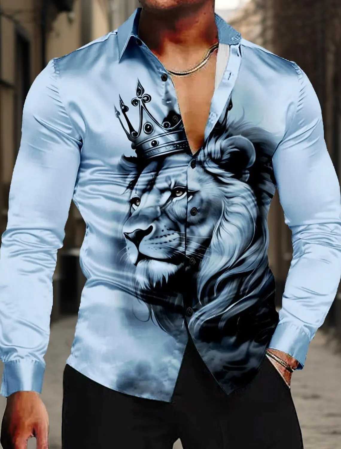 Lion King Casual Mens Shirt Satin Artificial Silk Formal Summer Spring Fall Turndown Long Sleeve 4-Way Stretch Fabric Shirt K251110