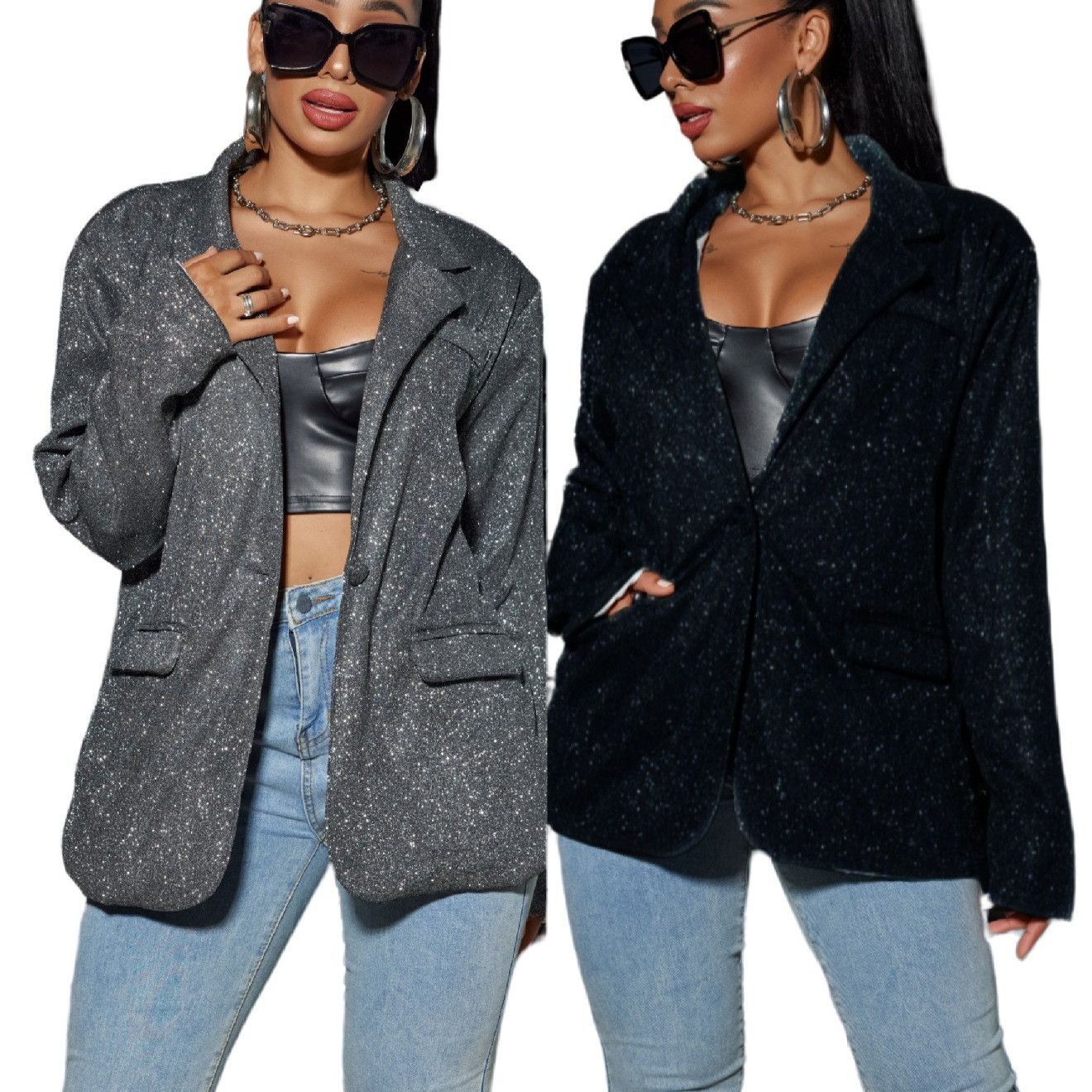 New commuting style cardigan with a collar and long sleeves, sparkling large casual suit jacket