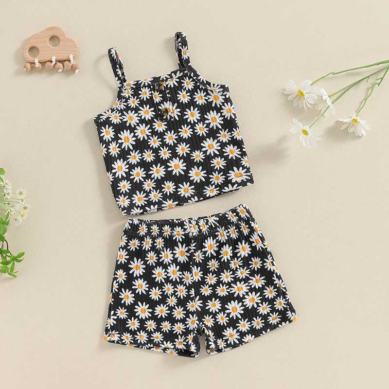 Pudcoco Kids Baby Girls Summer 2-piece set daisy print sleeveless bodysuit elastic shorts set fashionable cute clothes 1-5TXJ250410