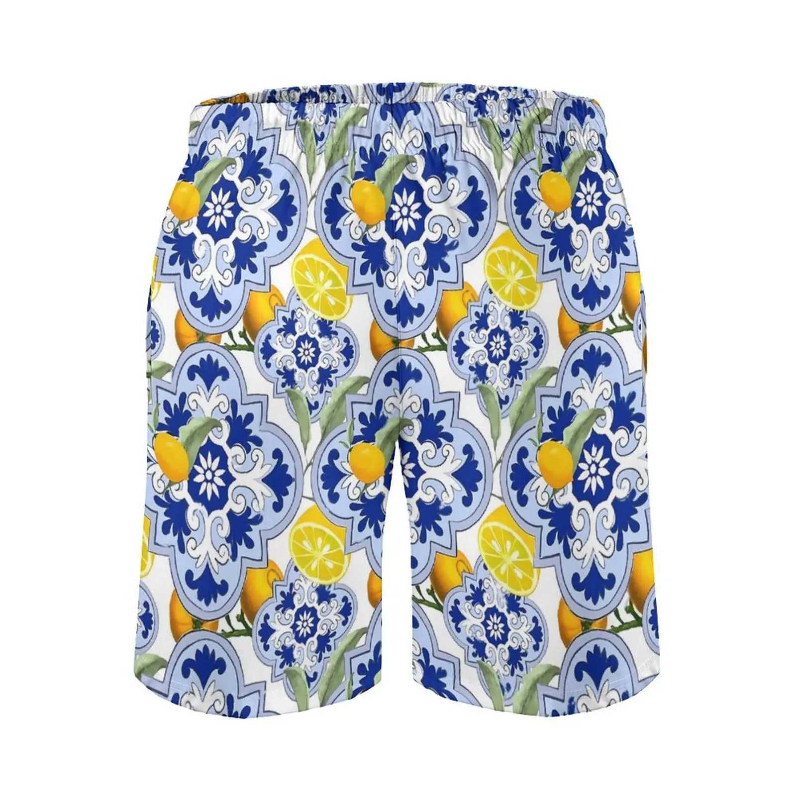 Gym shorts retro blue flower retro swimming dried lemon fruit print mens quick dry running hot selling plus size beach shortsW250410