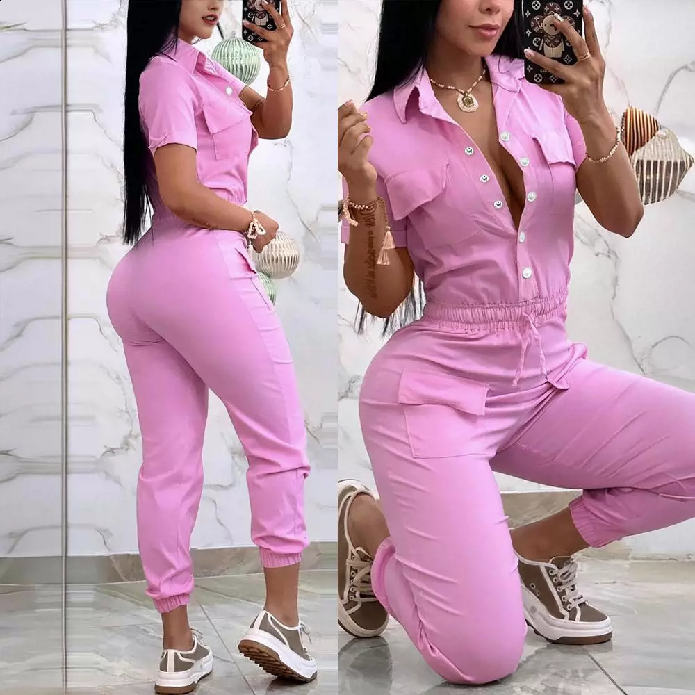 2024 fashion mature womens casual multi pocket waist elastic workwear jumpsuit