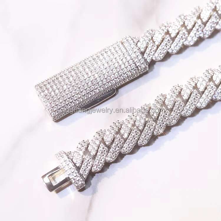 S925 Solid Silver Cuban Chain Jewelry 2rows 10mm 12mm Width GRA Moissanite Diamond Cuban Link Chain Hip Hop Necklace