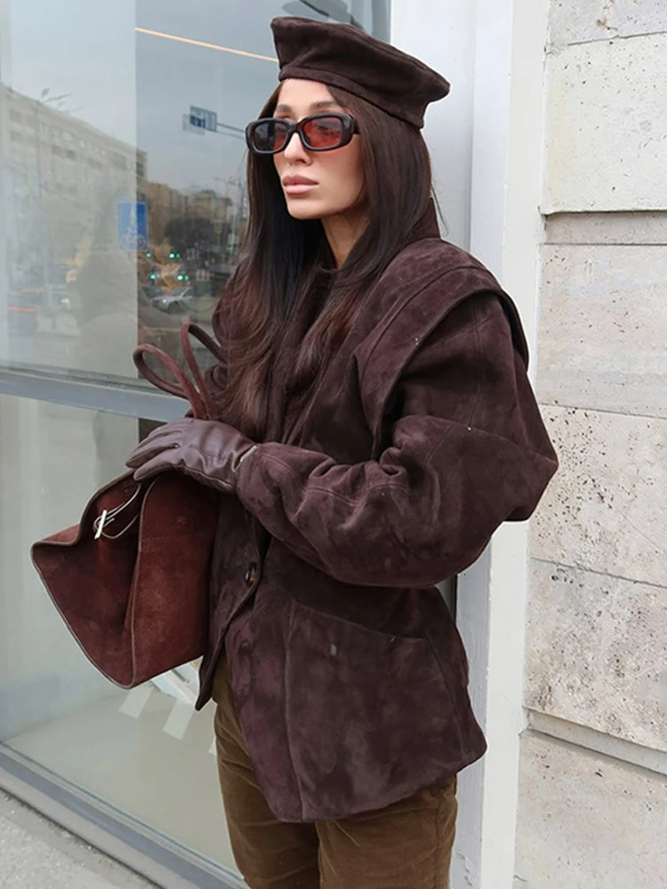 Talenza Vintage Brown Suede Jacket Women Fashion Solid V Neck Long Sleeve Pocket Lapel Single Button Coat Fashion Street Outwear 251106