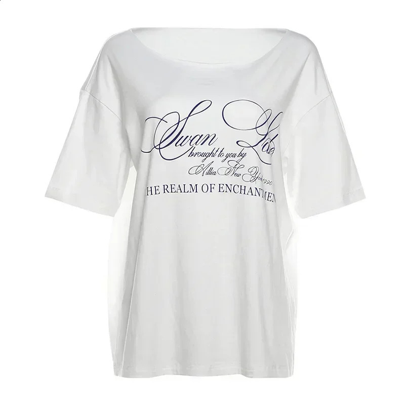 PixieKiki letter printed graphic T-shirt white oversized single shoulder top womens summer fashion trend P71-BG14 250410