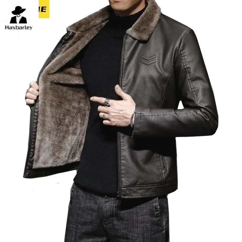 Winter Warm Leather Jacket Mens Fur Collar Windproof Thick Wool Motorcycle Coat Fashion Leather Biker Jacket 251110
