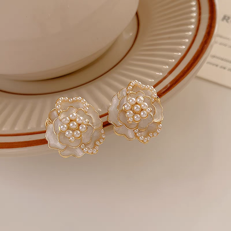 Chic White Floral Studs for Women - Dainty Camellia Design Earrings