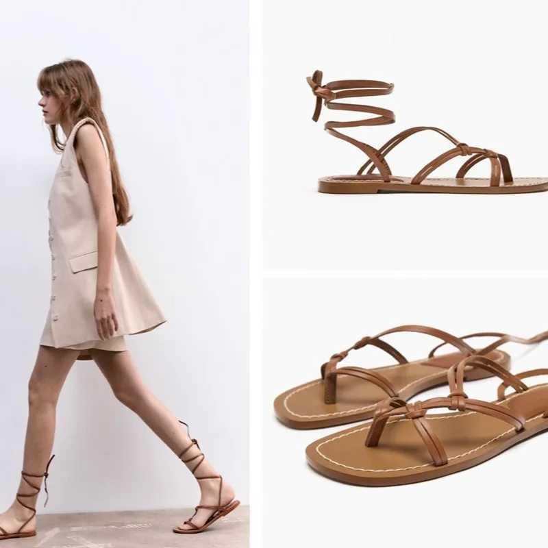 Strappy Sandals Fairy Wind 2024 Summer New Thick Bottom Fi Tie Flat Roman Holiday SandalsXJ250410
