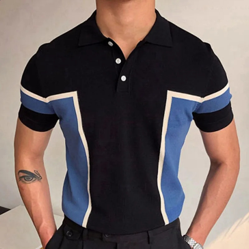 Mens summer business knitted short sleeved polo shirt streetwear with breathable button down stripes fashionable and lightweight retro shirt 250410
