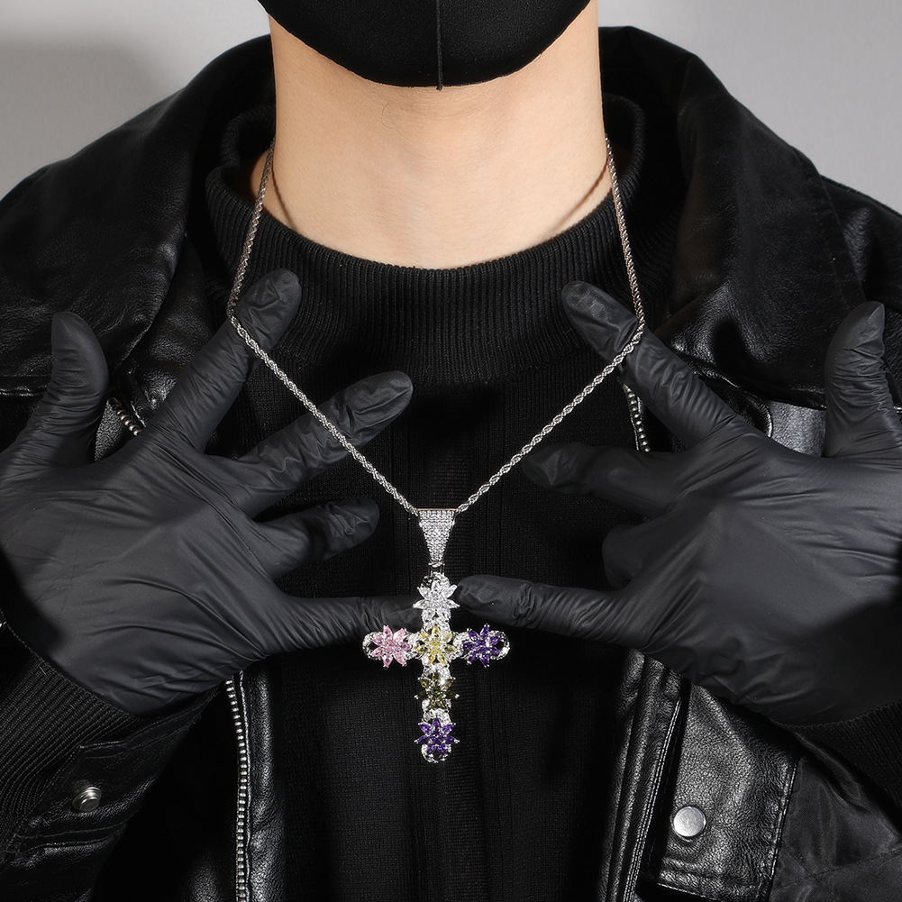 Ins style new colorful ice flower cross pendant fashionable and creative 925 silver VVS Moissanite chain pendant hip-hop sweater chain