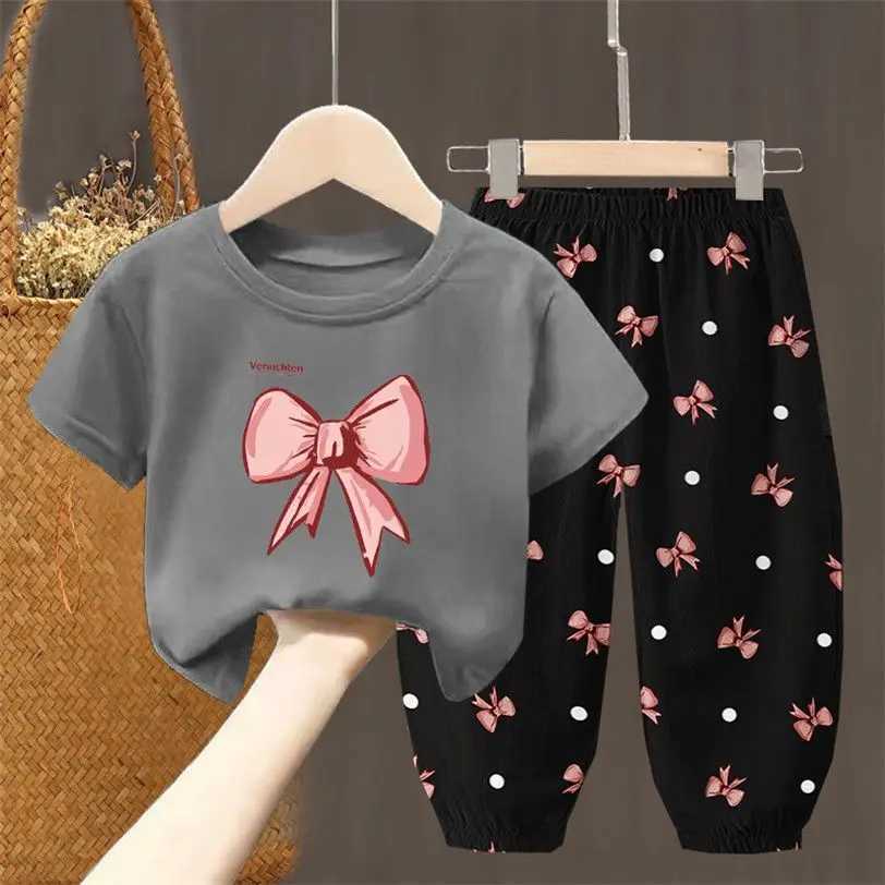 Summer set of childrens clothing for girls children toddlers cute and fashionable T-shirts tops pants 2PCS baby clothingXJ250410