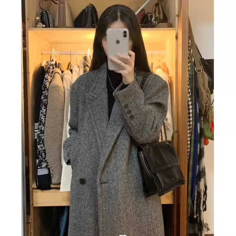 Cashmere coat for women in autumn and winter stylish mid-length thick coat with added style tweed texture