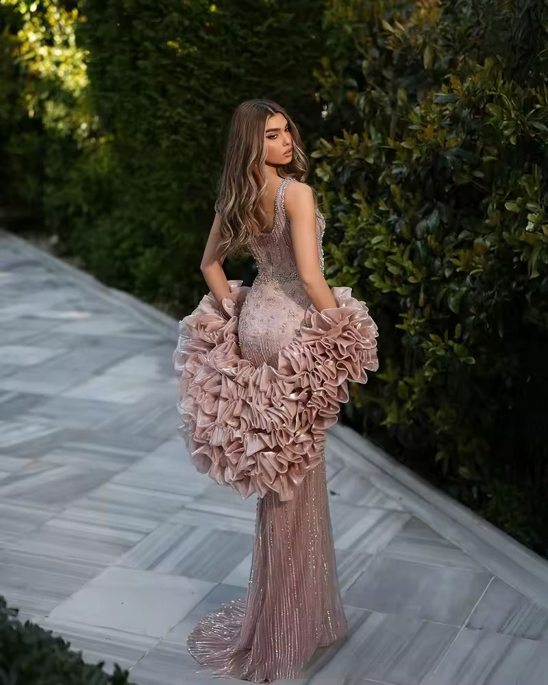 Luxury Evening Dresses Crystal Prom Gown Beading Ruffle Detachable Train Mermaid Sequins Rhinestone Customized Vestidos De Noche Plus Size