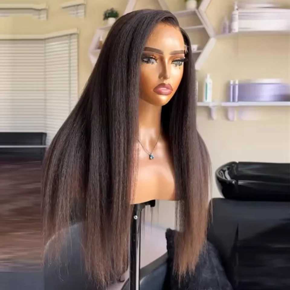 Yaki Kinky Straight Soft 26Inch Long 180Density Natural Black Deep Lace Front Wig For Women Babyhair Glueless Preplucked DailyT251111