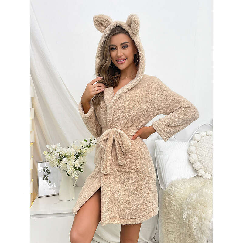 Women's Winter Pajamas Coral Fleece Thickened Sleeve 2025 New Hooded Robe Flannel Loungewear Long Style luxury