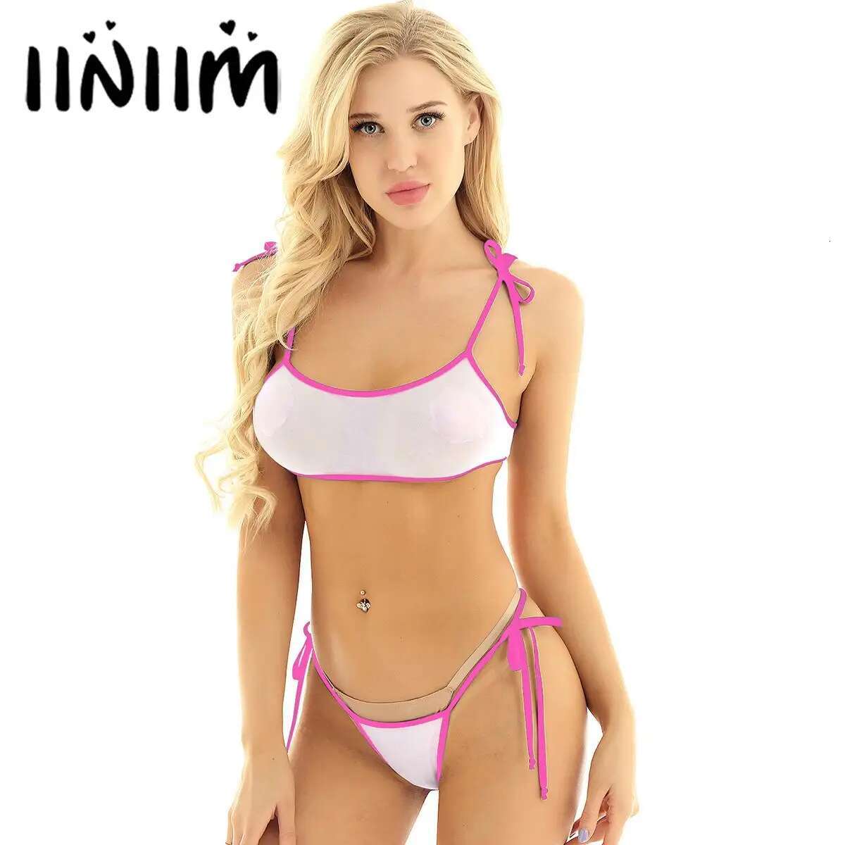 Womens See Through Mesh Mini Brazilian Swimsuit Halter Self-tie Micro Bra Top String Thong Bikini Set Swimwear
