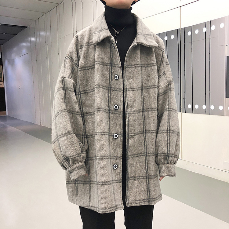 Youth Trend Woolen Plaid Jacket for Men Loose Thin Coat Top