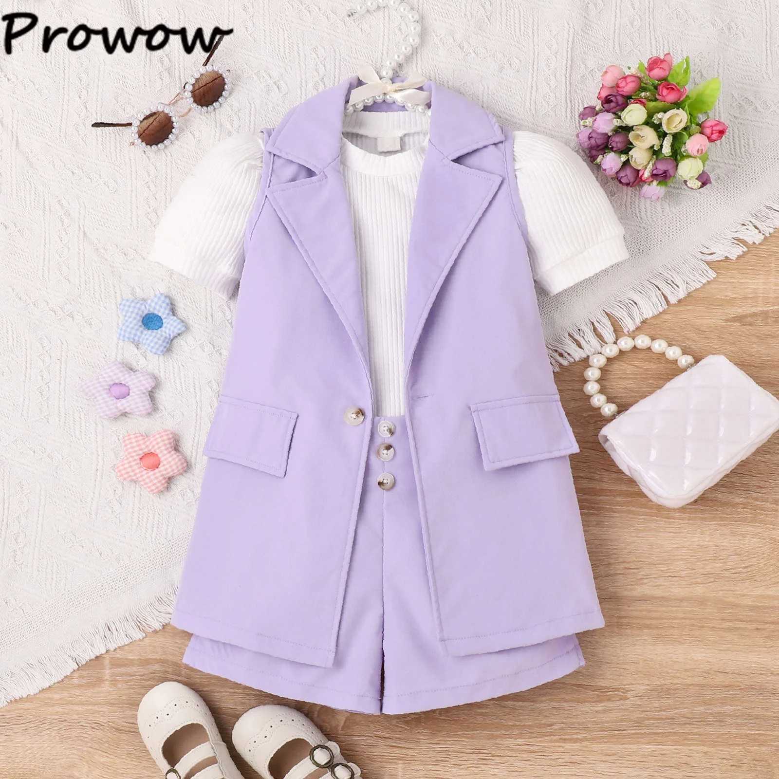 Professional summer womens collar jacket+fluffy sleeve T-shirt+high waisted shorts childrens clothing girl luxury setXJ250410