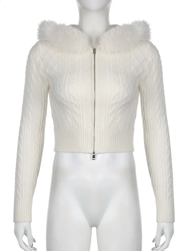 IAMSURE Sweet Fur Decorative Hooded Knitted Open Woolen Sweater Ultra Thin Zipper Long Sleeve for Women 2023 AutumnWinter Fashion 250407