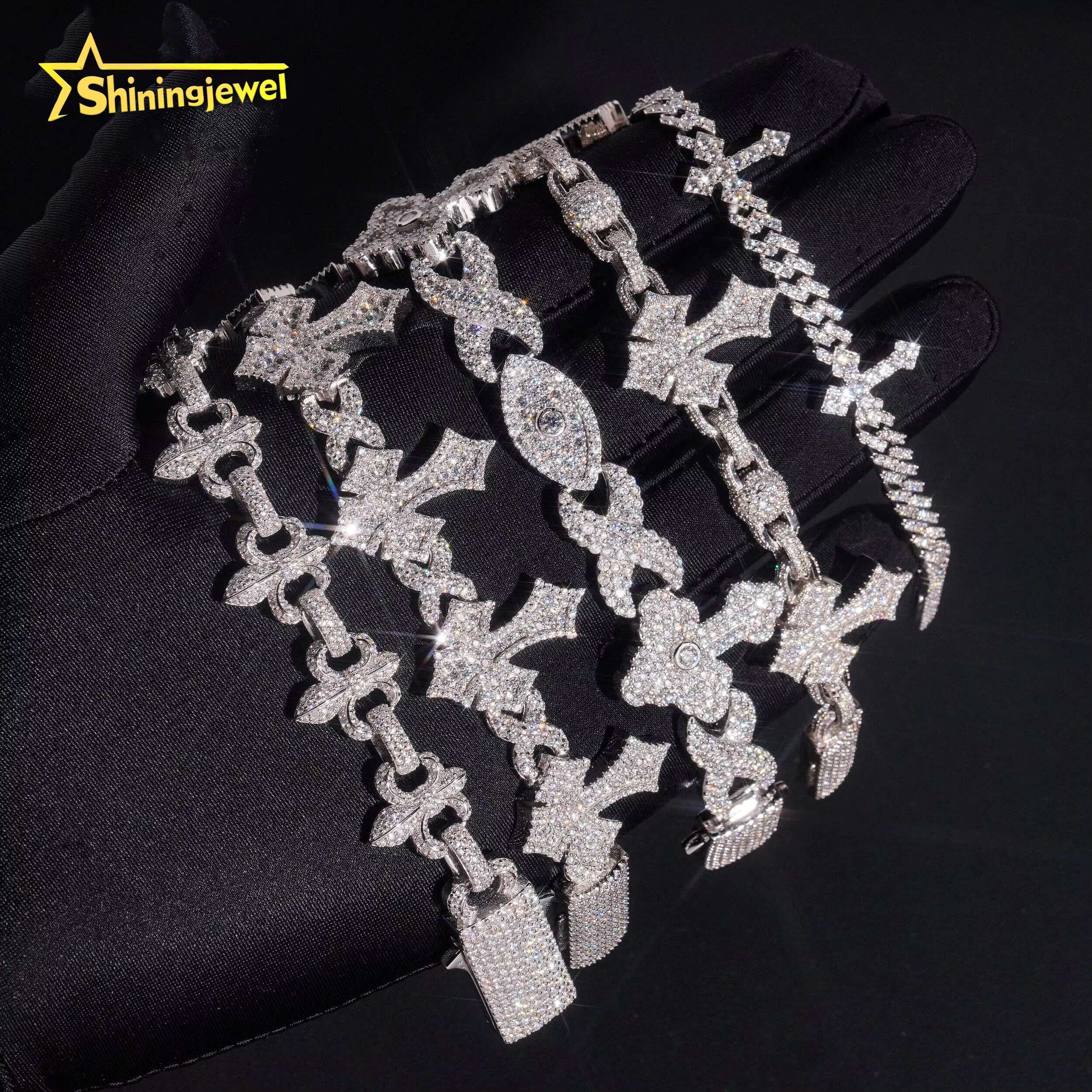 Fancy Shape Men High Quality Hip Hop 925 Silver Moissanite Diamond Iced Out Cross Infinity Cuban Link Bracelet