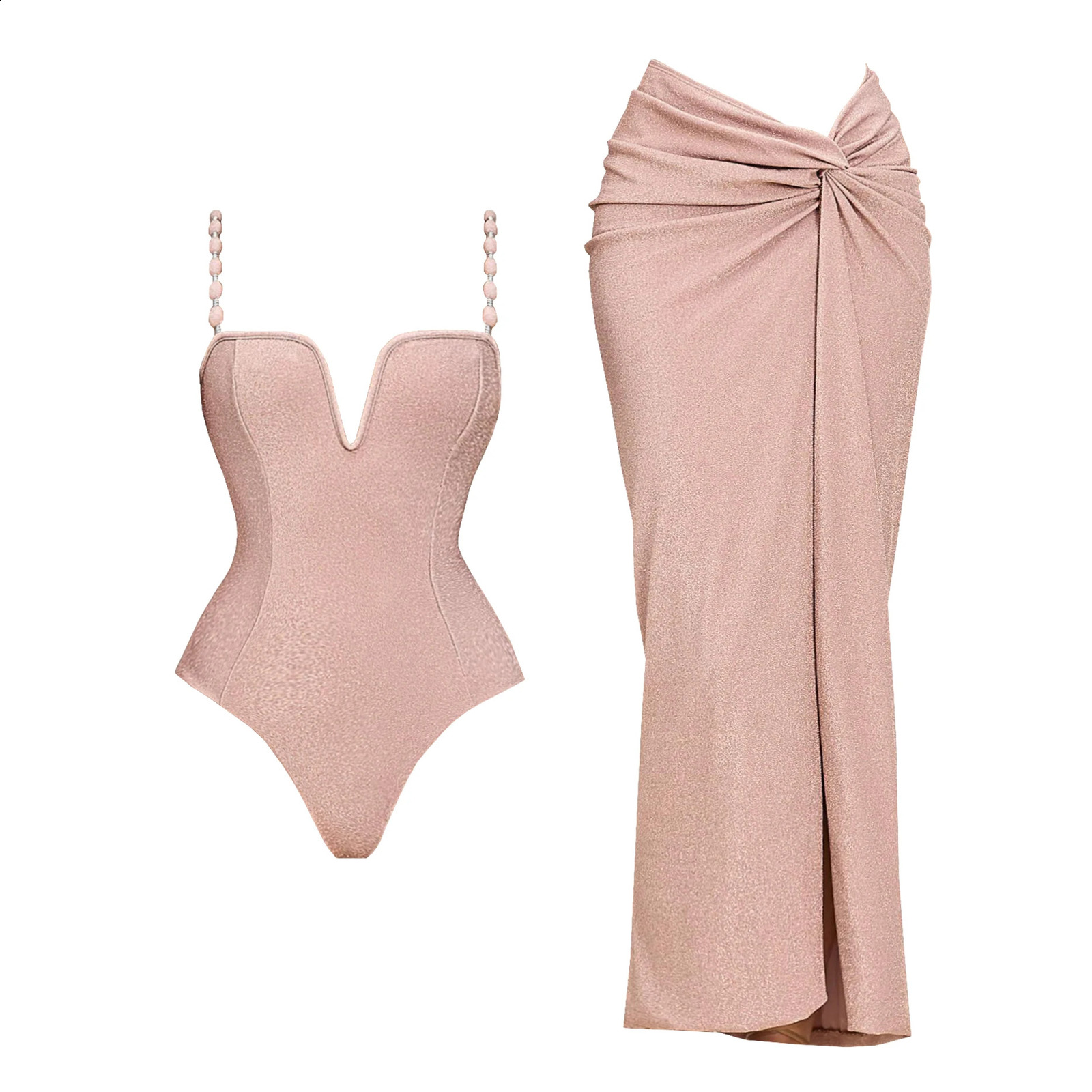 3Pcs Push Up Swimsuit With Long Skirt Sexy Women Swimwear Female Bikini V Neck Swimming Suit Shiny Bodysuit Beachwear Cover Up 250410