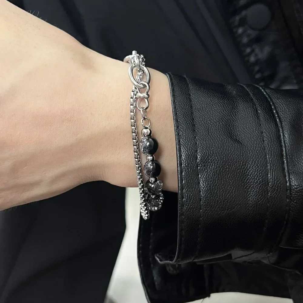 2024 Retro Black Cracking Beads Bracelet for Men Women Stainless Steel Double Layered Chain Fashion Hip-pop Jewelry PulserasC250410